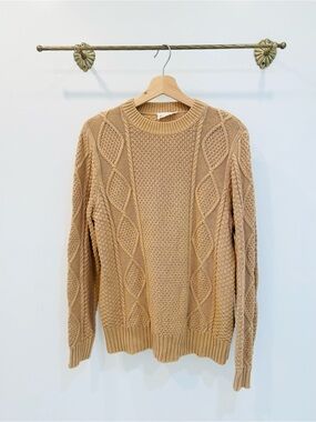 Flannel Australia 100% Cotton Cable Knit Crewneck Sweater in Camel